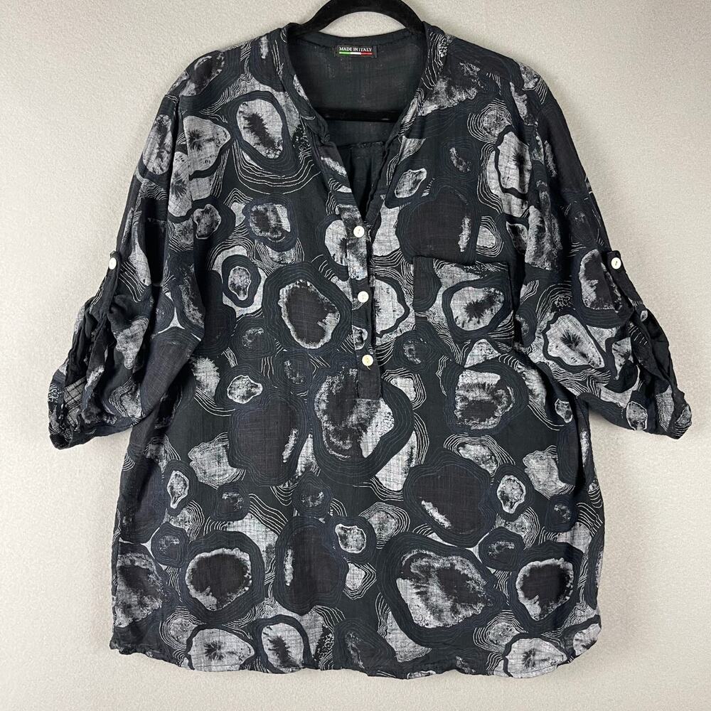 Made In Italy Top Womens‎ Large Black Roll Tab Gauzy Coastal Lagenlook Artsy